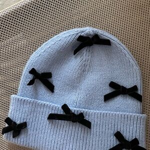 Blue Knit Kids Hat with Black Bows